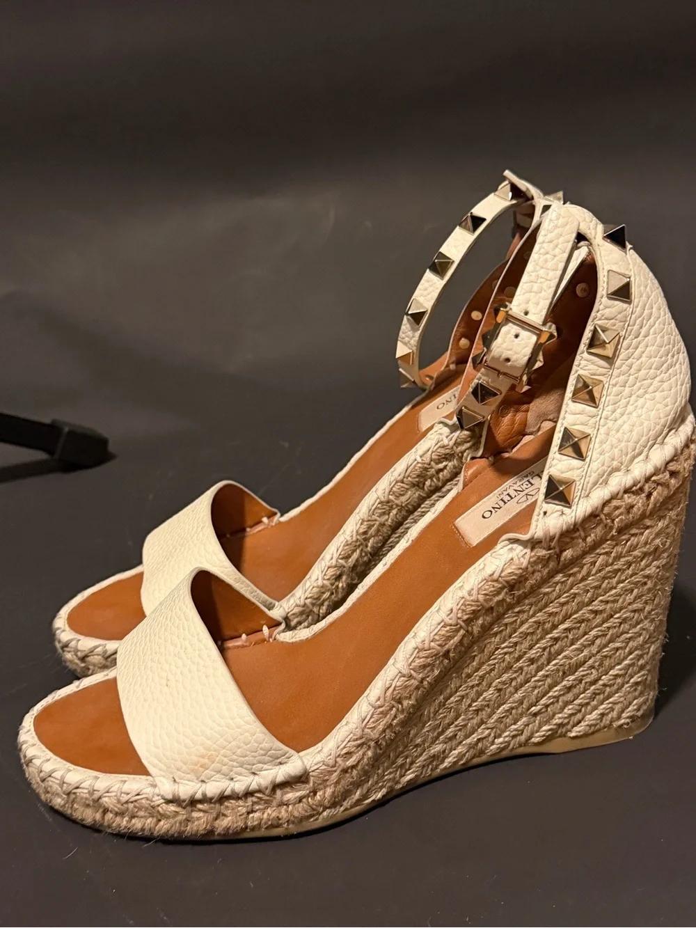 Valentino Cream Leather Rockstud Espadrille Sandals